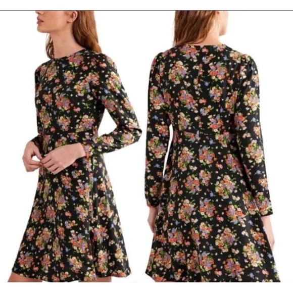 Boden Multicoloured Floral Women's US 6R‎ Fit Flare Dress Black Zip - Picture 1 of 8